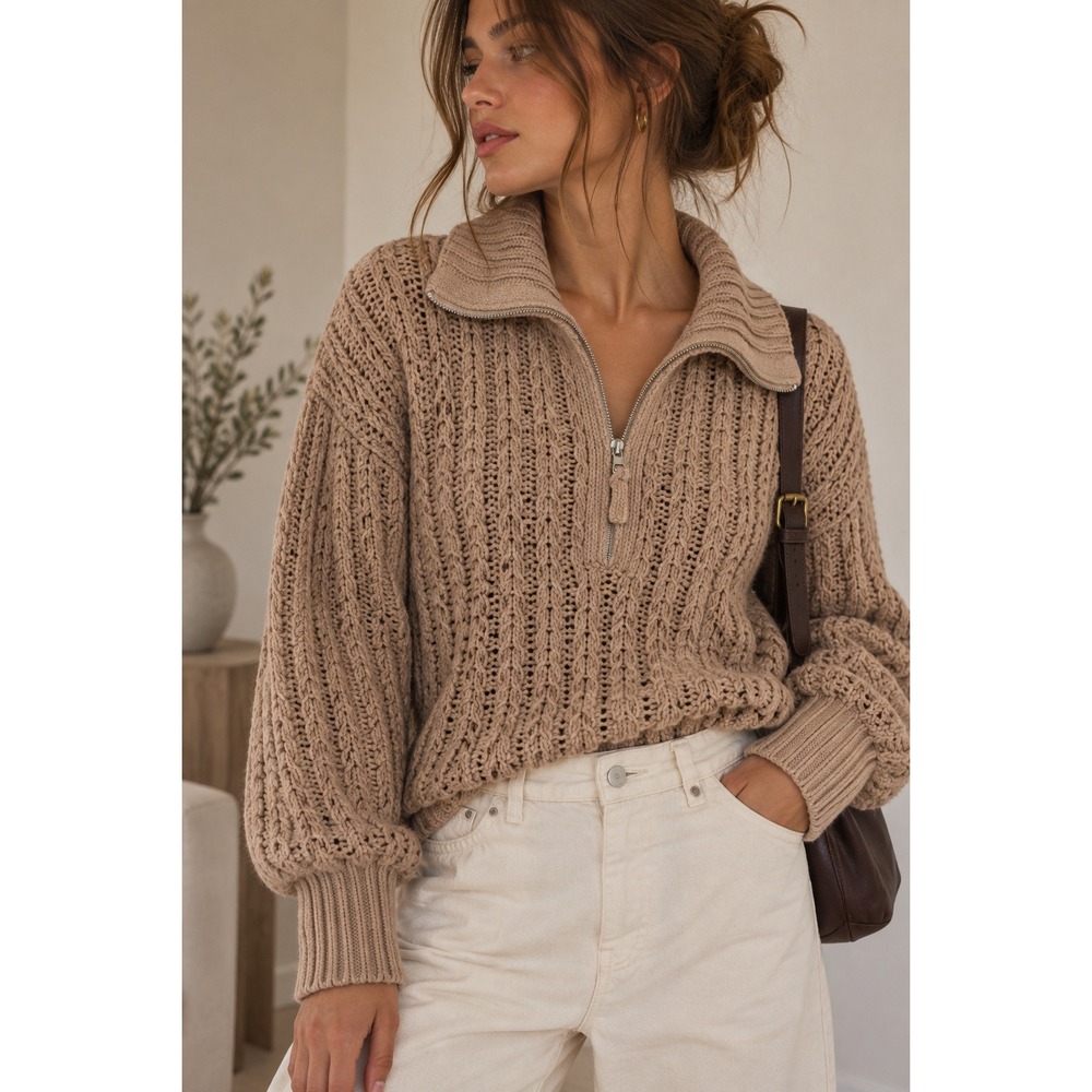 Aerie Tan Cozy Knit Quarter Zip Cable Sweater Oversized Pullover Medium